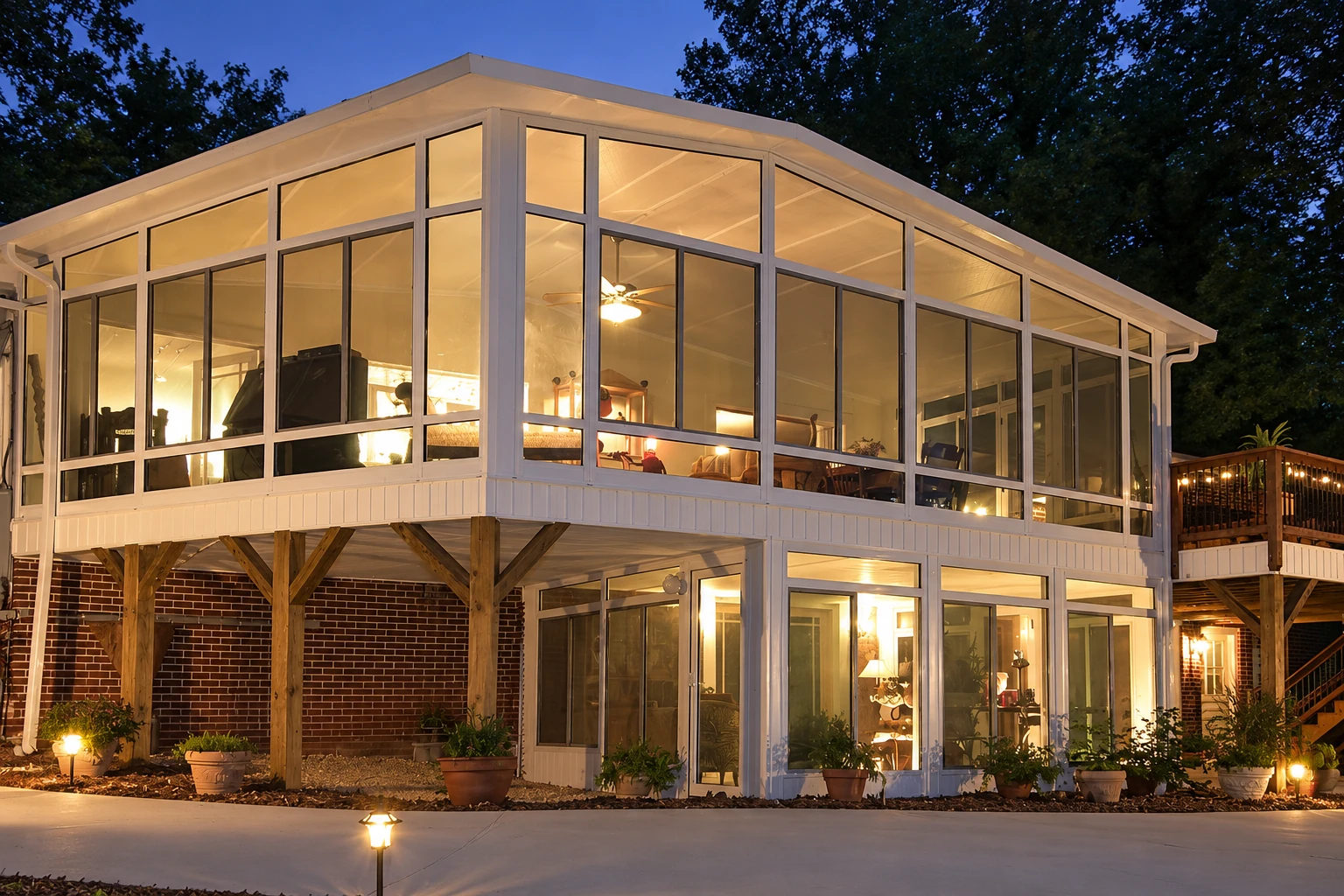 A two-story all-season sunroom with white-framed glass walls glows warmly at dusk beside a brick house.