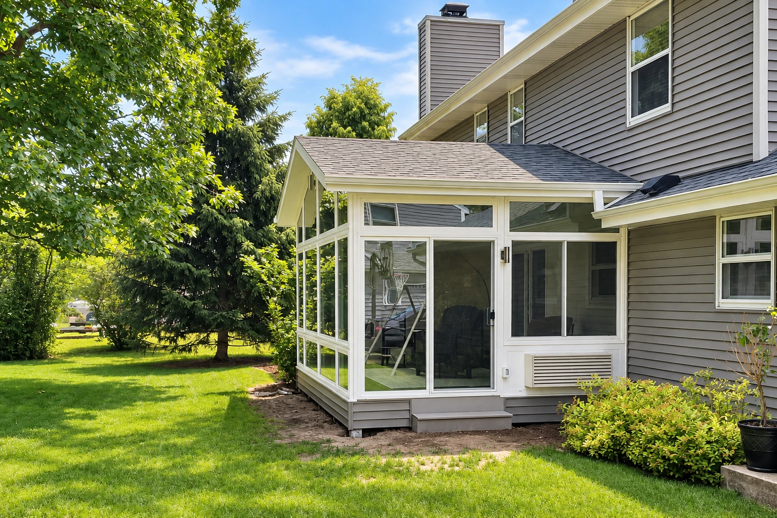 A white-framed custom sunroom projects from a gray-sided house, with broad windows facing a green backyard.