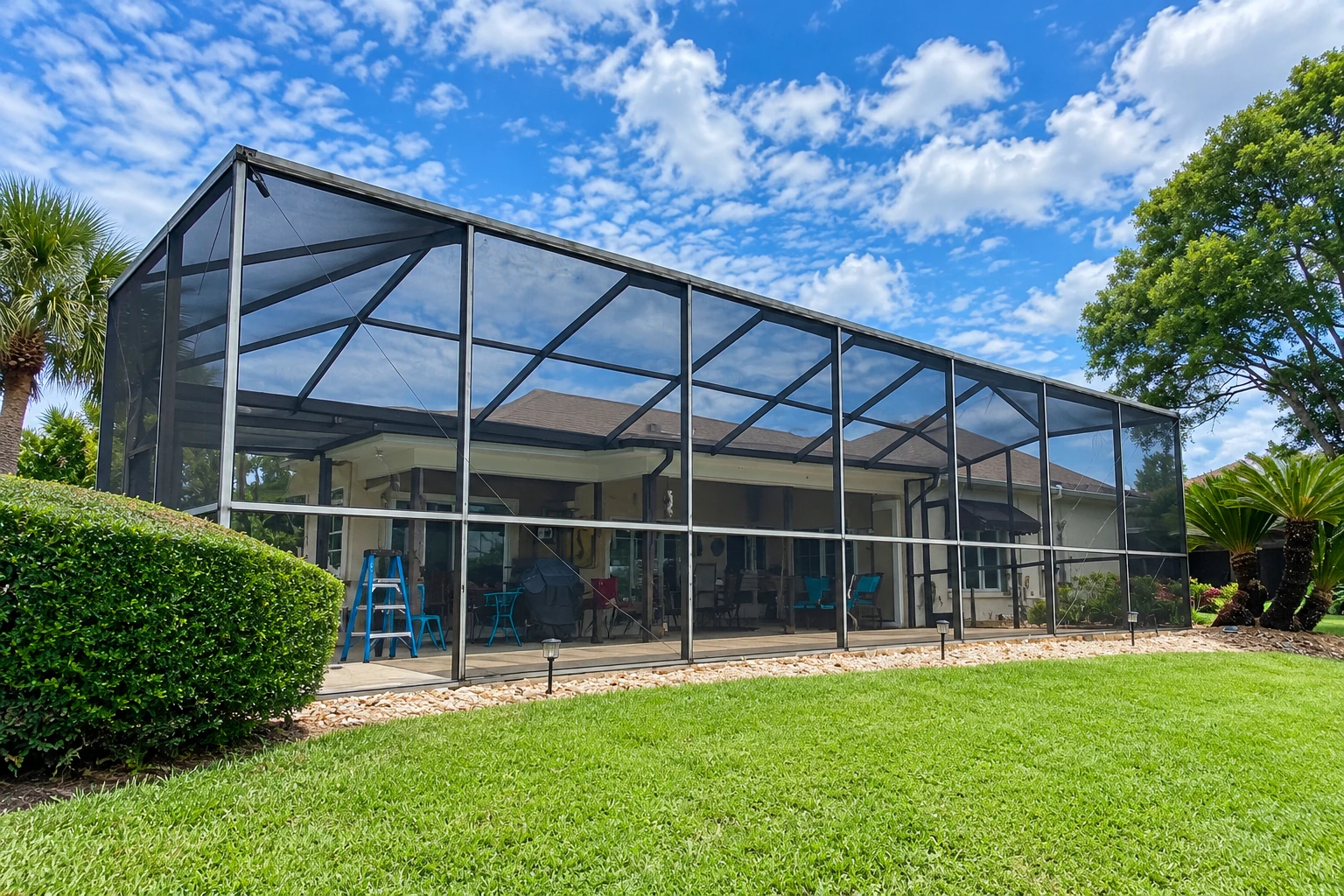 A screened patio enclosure with a dark metal frame surrounds a house patio, set beside a green lawn under a blue sky.