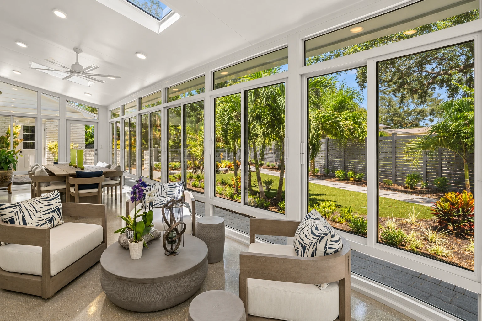A bright four-season sunroom has white-framed windows, skylights, ceiling lights and neutral seating overlooking a landscaped garden.