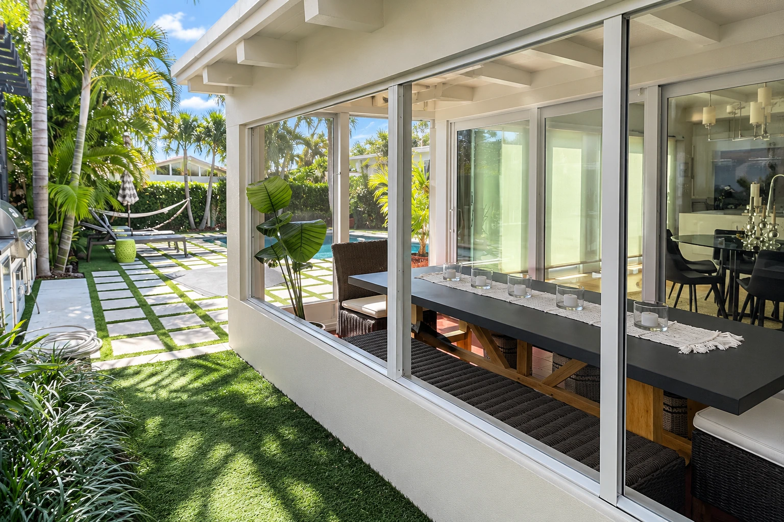 A white patio enclosure with large sliding glass panels overlooks a tropical garden and paved lawn path.