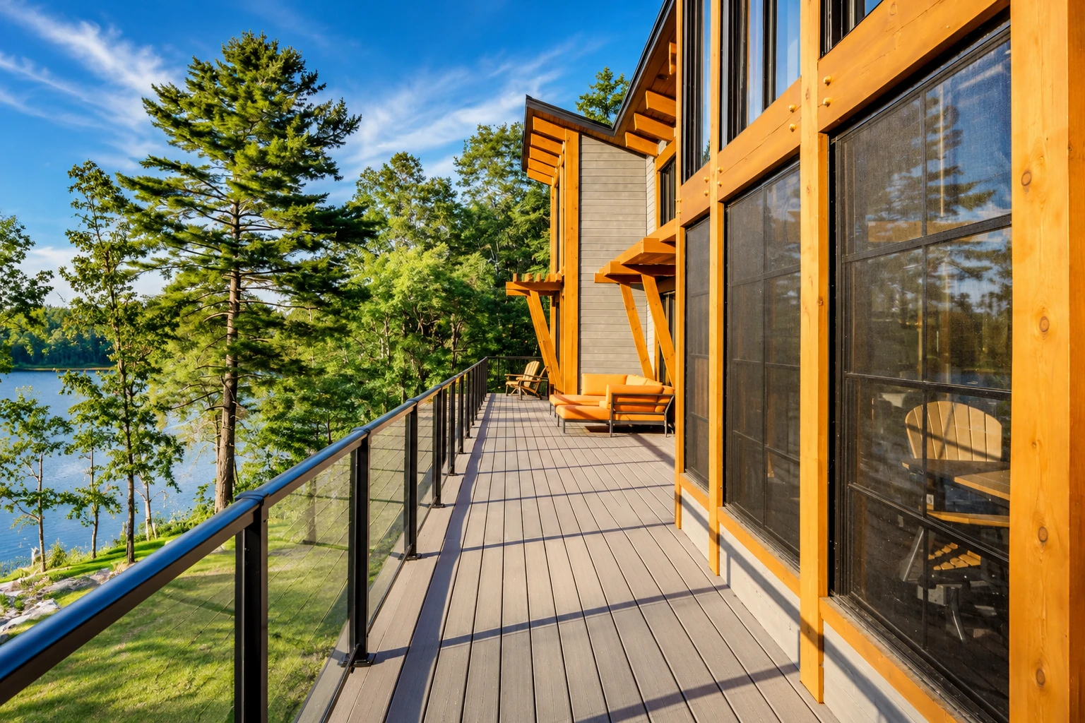 A screened deck runs beside a timber-sided home, with dark mesh panels, a glass railing, and a lake and trees beyond.