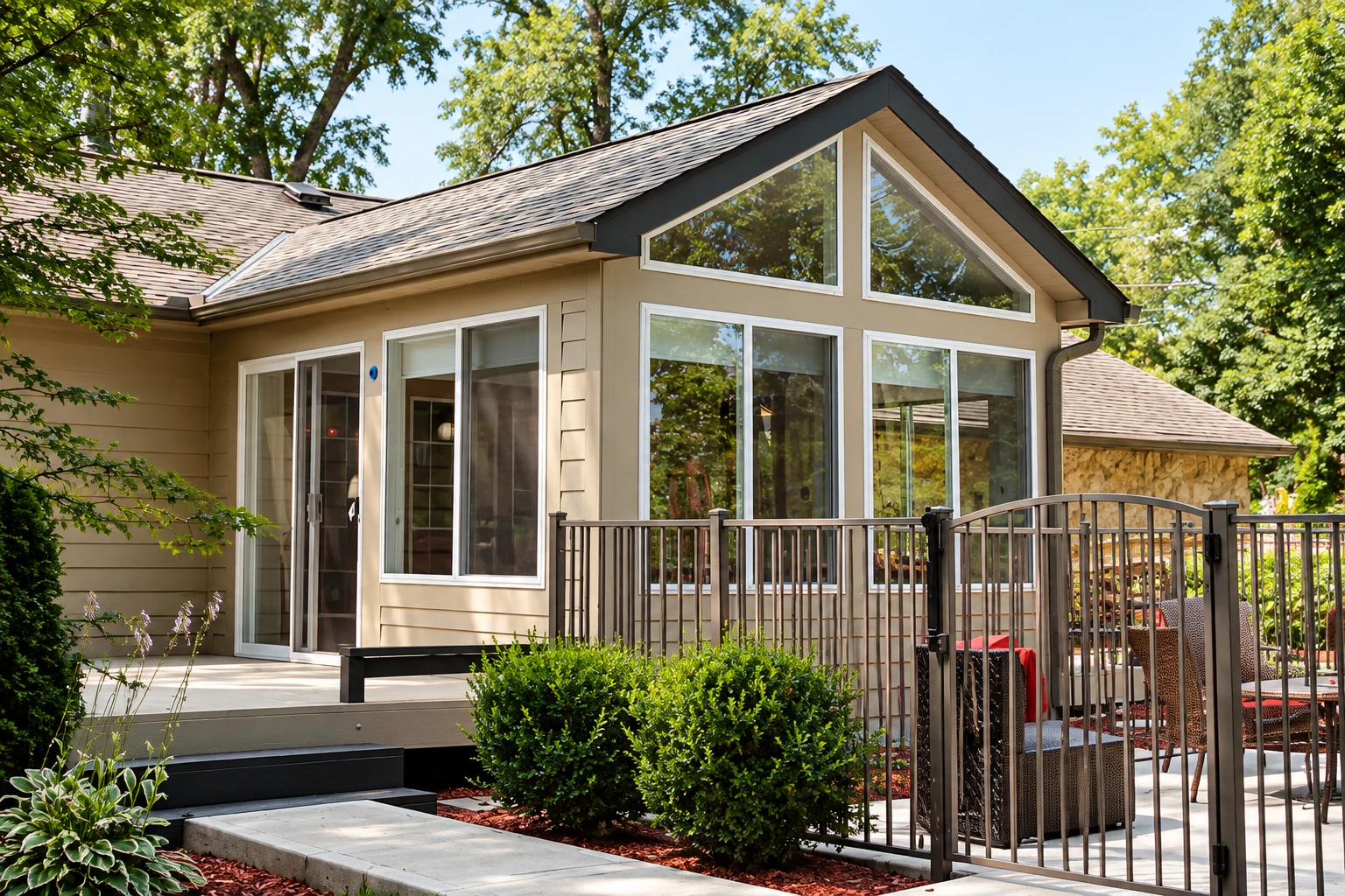 A beige sunroom addition with tall windows and a peaked roof opens onto a raised deck beside a fenced patio.