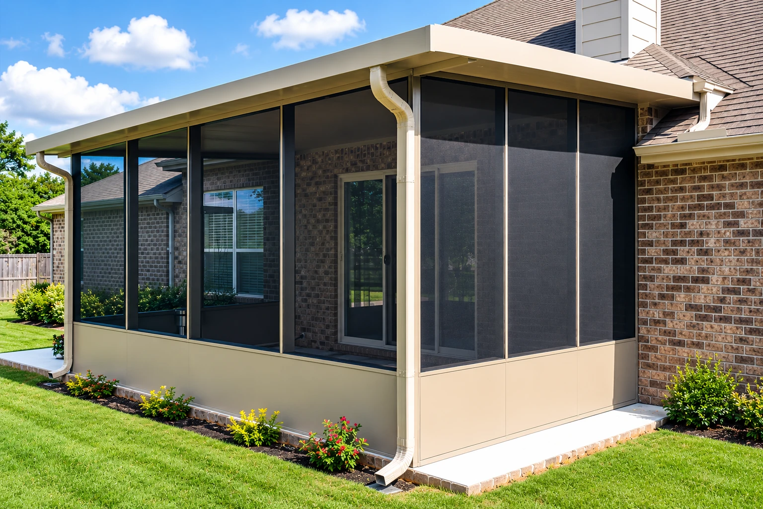 A screened patio enclosure with dark mesh panels and a low beige base extends from a brick house into the lawn.