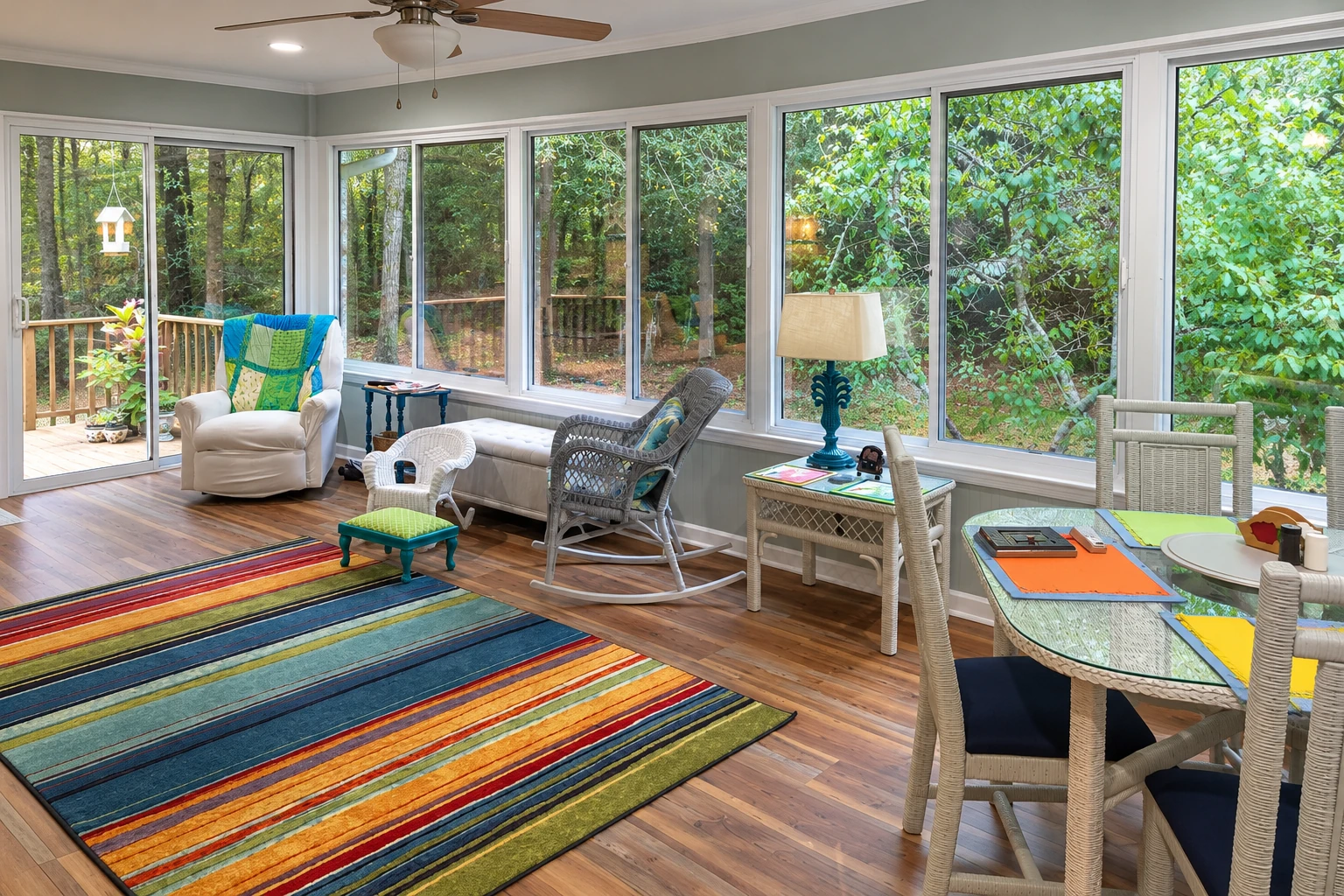 A furnished sunroom has a wall of large windows, wood floors, lounge chairs, and a colorful striped rug.