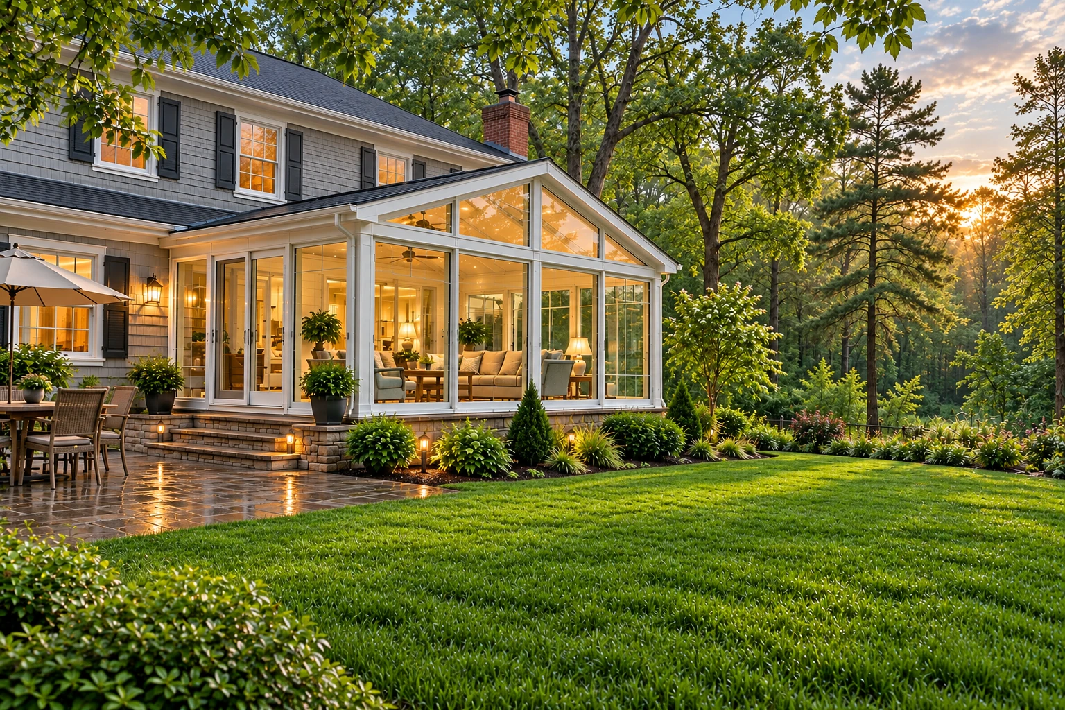 A white-framed glass sunroom extends from a gray house, with warm interior lights, a stone patio and a wooded garden at sunset.